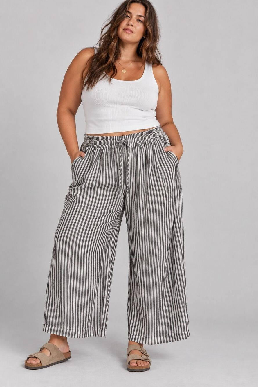 Jane + Delancey Black & White Striped Wide Leg Drawstring Pants Plus Size 3X